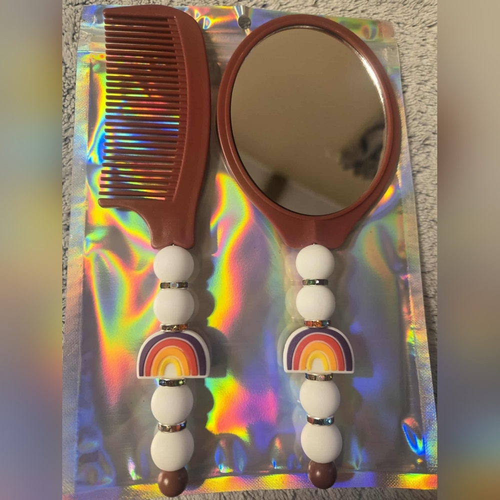Hand Beaded Rainbow Comb & Mirror Set - New